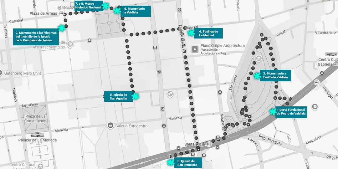 Mapa de la ruta por el centro de Santiago con los 8 hitos de la audioguía, del Cerro Santa Lucía a la Plaza de Armas