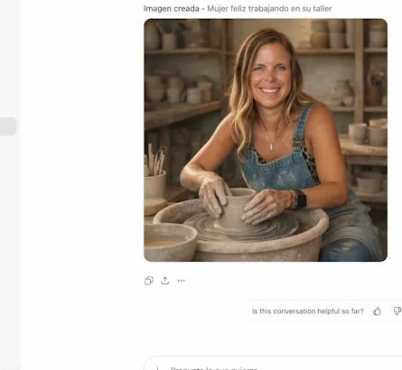 Imagen de Fernanda trabajando en un taller de cerámica, creada con IA a partir de una foto suya, en el curso